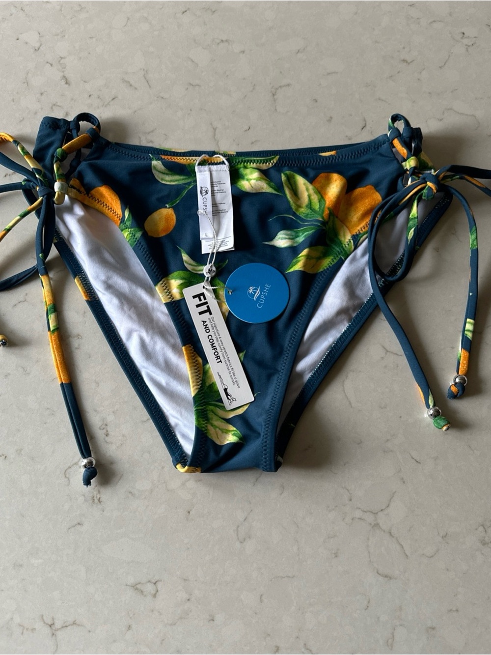 Cupshe Bikini Bottom Navy With Oranges Ties Side Woman’s Size Large Floral NWT